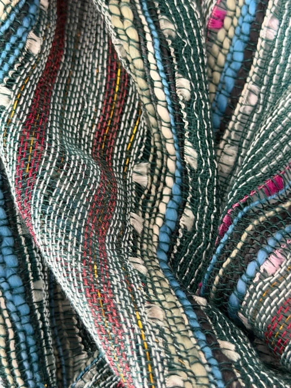 Boho Textured Infinity Scarf Green Multi Stripe Woven Lightweight Artisan Style